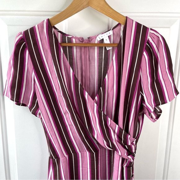 Leith multicolor print striped short sleeve V neck pink purple dress Sz Small - Picture 8 of 10